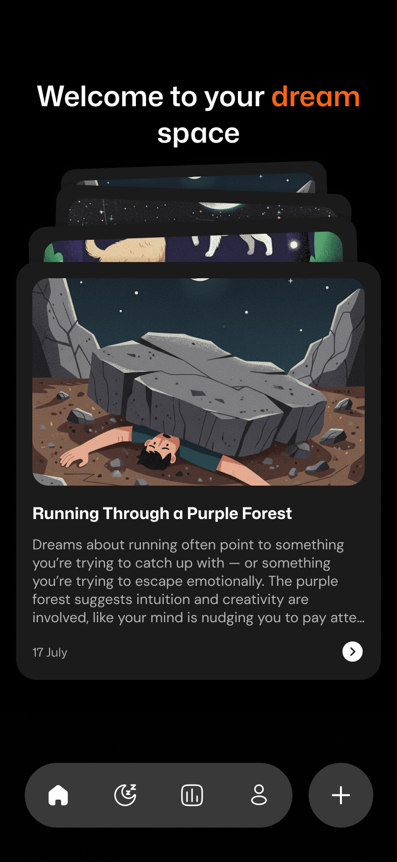WeDream home with illustrated dream journal cards and navigation for dreams, sleep sounds, reports and profile
